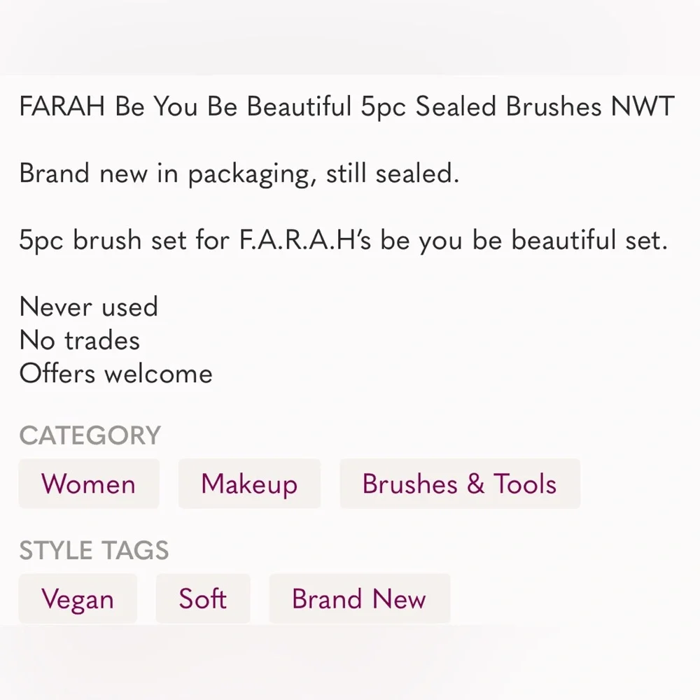 FARAH Be You Be Beautiful 5pc Sealed Silver Wand Brushes NWT SuperSoft Brushes